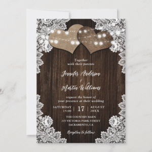 Romantic Rustic Wood Burlap Hearts Floral Lace String Lights Wedding Invitation (Front)