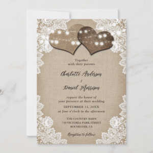 Romantic String Lights Burlap and Floral Lace Wedding Invitation (Front)