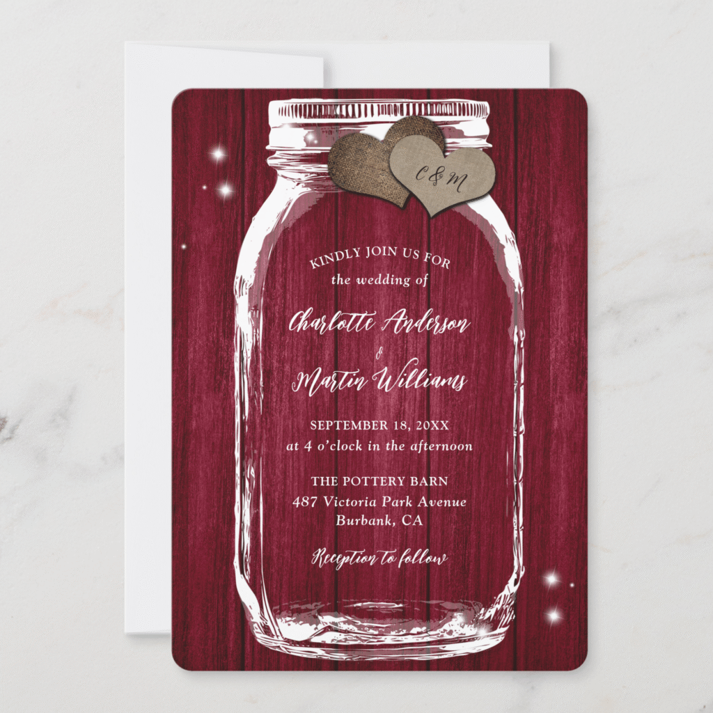 Rustic Country Burgundy Barn Wood Mason Jar Wedding Invitation (Front)