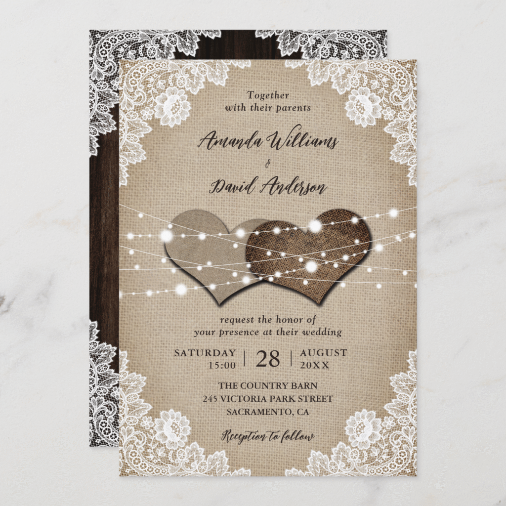 Rustic Country Burlap Floral Lace Wood Wedding Invitation (Front_Back)