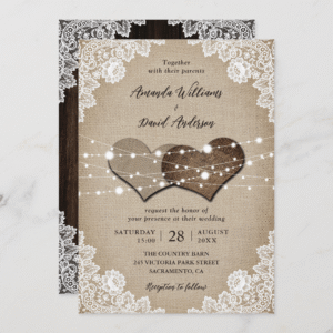 Rustic Country Burlap Floral Lace Wood Wedding Invitation (Front_Back)