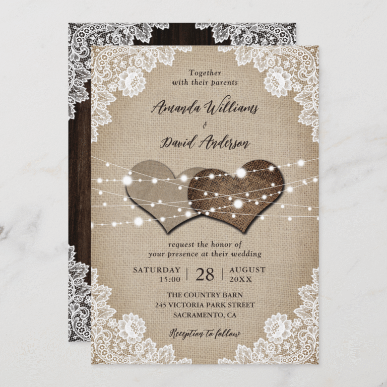 Rustic Country Burlap Floral Lace Wood Wedding Invitation (Front_Back)