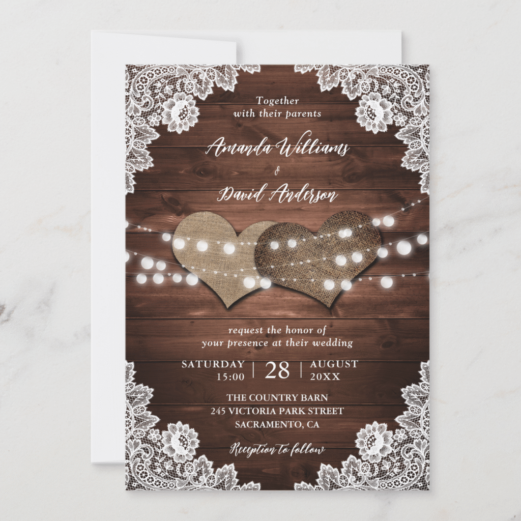 Rustic Country Burlap Lace String Lights Barn Wood Wedding Invitation (Front)