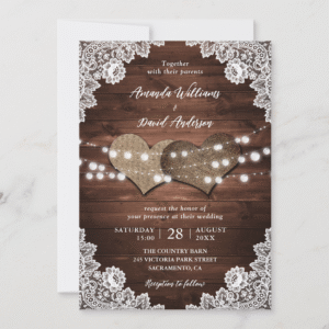 Rustic Country Burlap Lace String Lights Barn Wood Wedding Invitation (Front)