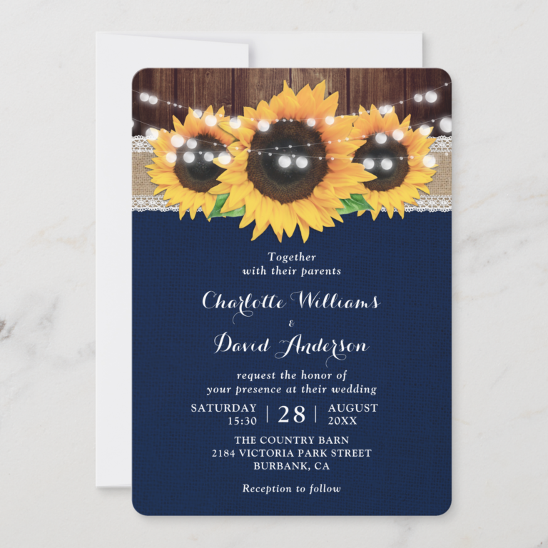 Navy Blue Rustic Sunflower Burlap Lace Barn Wood Wedding Invitation (Front)