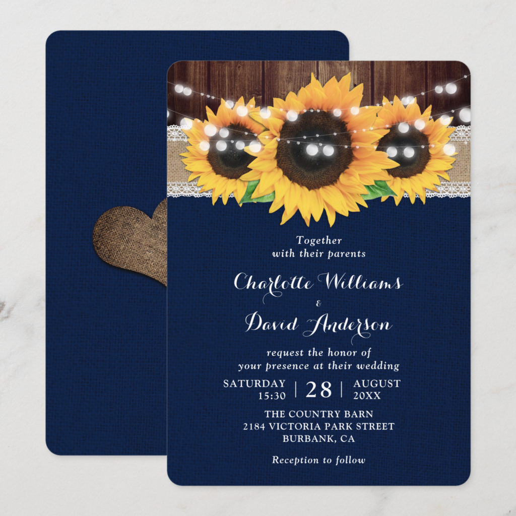 Navy Blue Rustic Sunflower Burlap Lace Barn Wood Wedding Invitation (Front_Back)