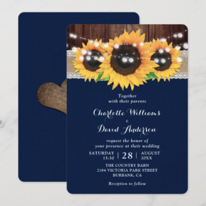 Navy Blue Rustic Sunflower Burlap Lace Barn Wood Wedding Invitation (Front_Back)