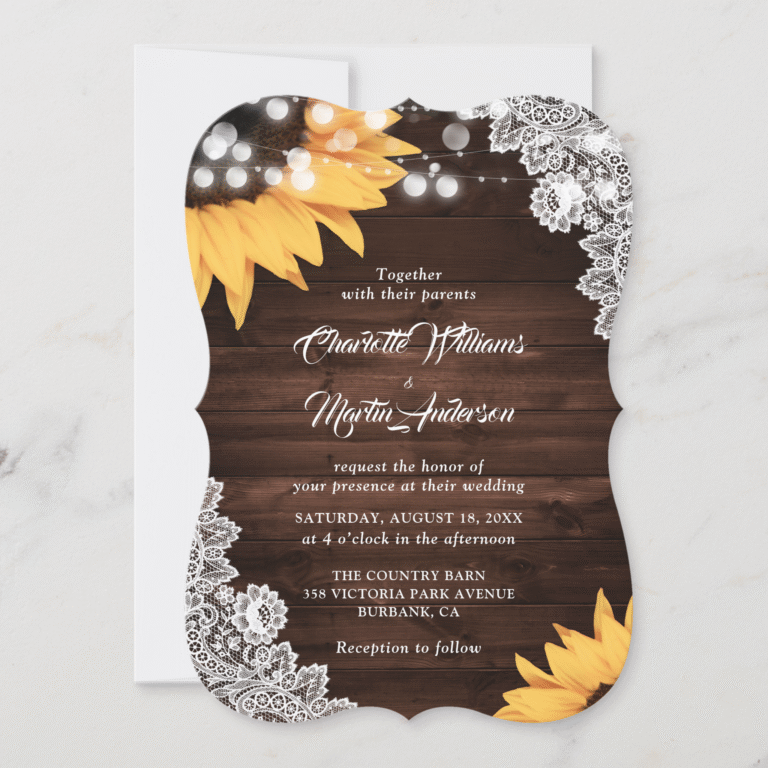 Rustic Country Sunflower String Lights Wood Lace Wedding Invitation (Front)