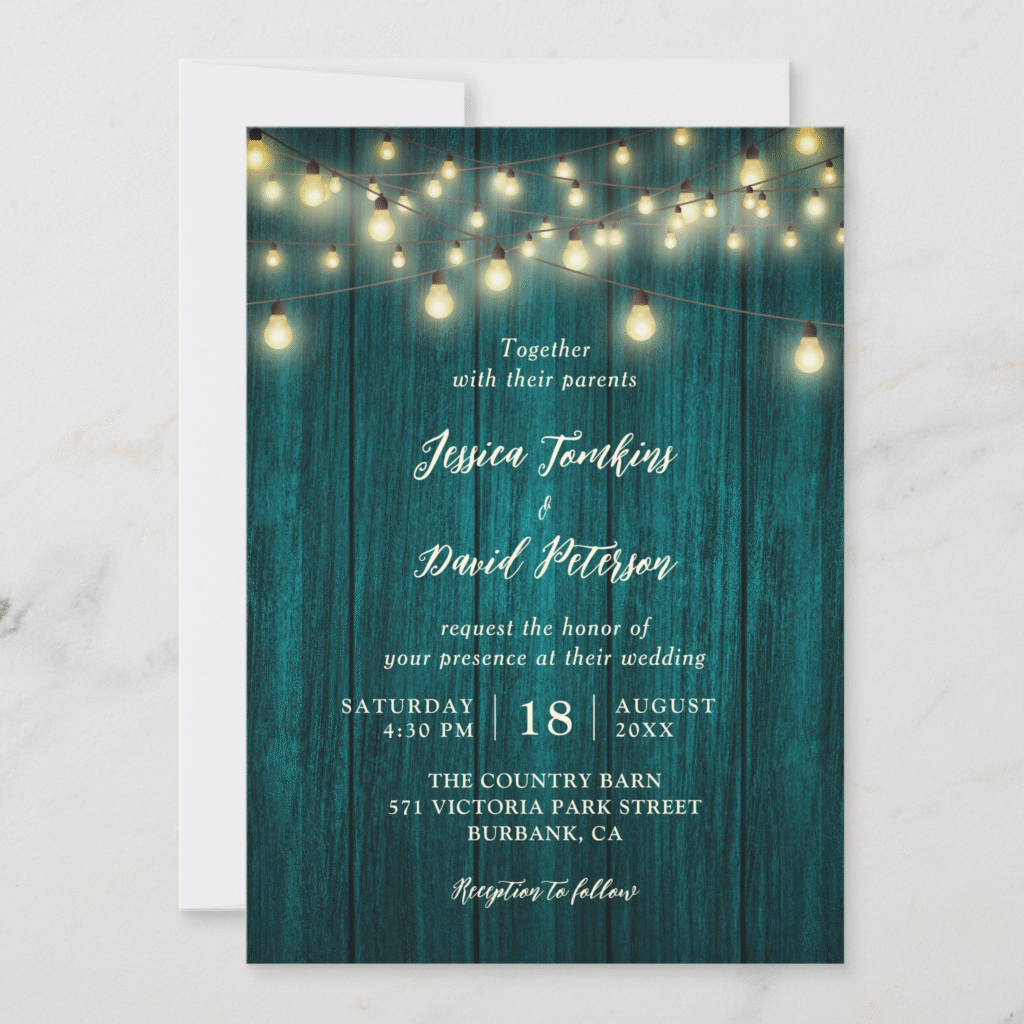 Rustic Country Teal Wood String Lights Wedding Invitation (Front)