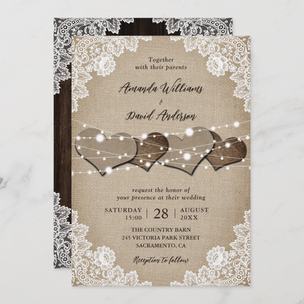 Rustic Hearts Wood Burlap Lace String Lights Wedding Invitation (Front_Back)