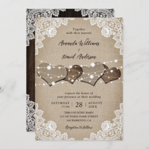 Rustic Hearts Wood Burlap Lace String Lights Wedding Invitation (Front_Back)