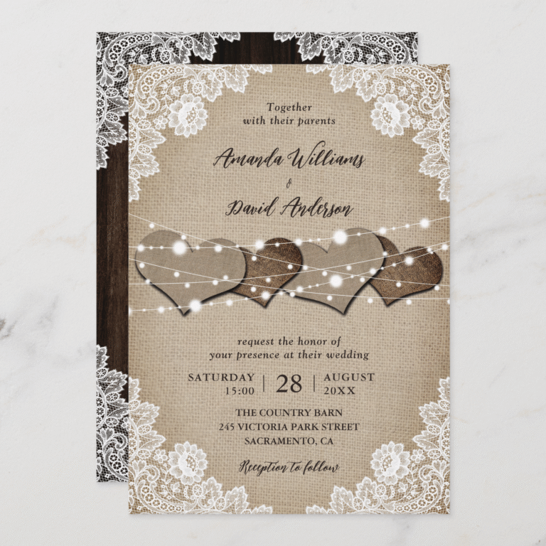 Rustic Hearts Wood Burlap Lace String Lights Wedding Invitation (Front_Back)