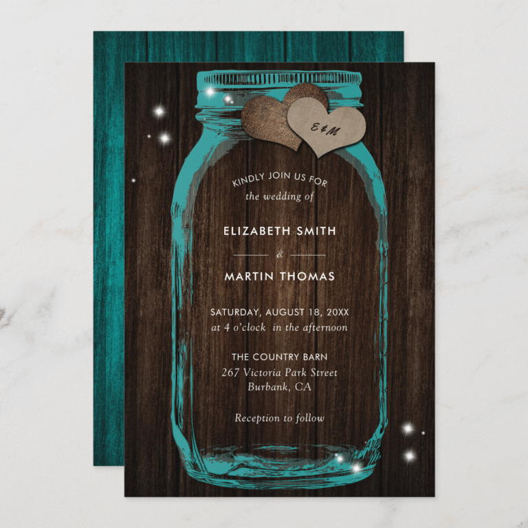 Rustic Teal Mason Jar Two Hearts Wood Wedding Invitation (Front_Back)