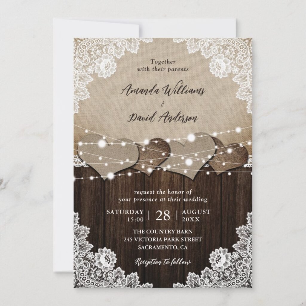 Rustic Wood Burlap Floral Lace String Lights Wedding Invitation (Front)