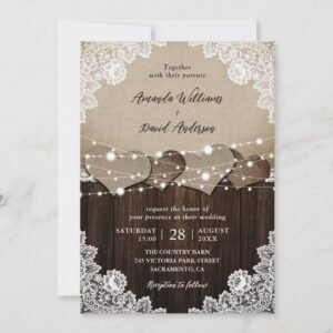 Rustic Wood Burlap Floral Lace String Lights Wedding Invitation (Front)