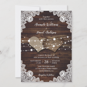 Rustic Wood Burlap Hearts Floral Lace Wedding Invitation (Front)