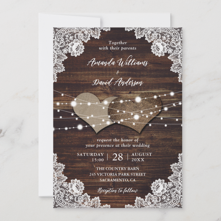 Rustic Wood Burlap Hearts Floral Lace Wedding Invitation (Front)