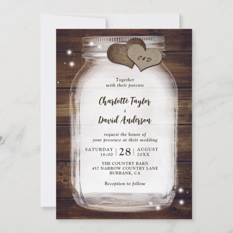 Rustic Wood Burlap Hearts Mason Jar Wedding Invitation (Front)