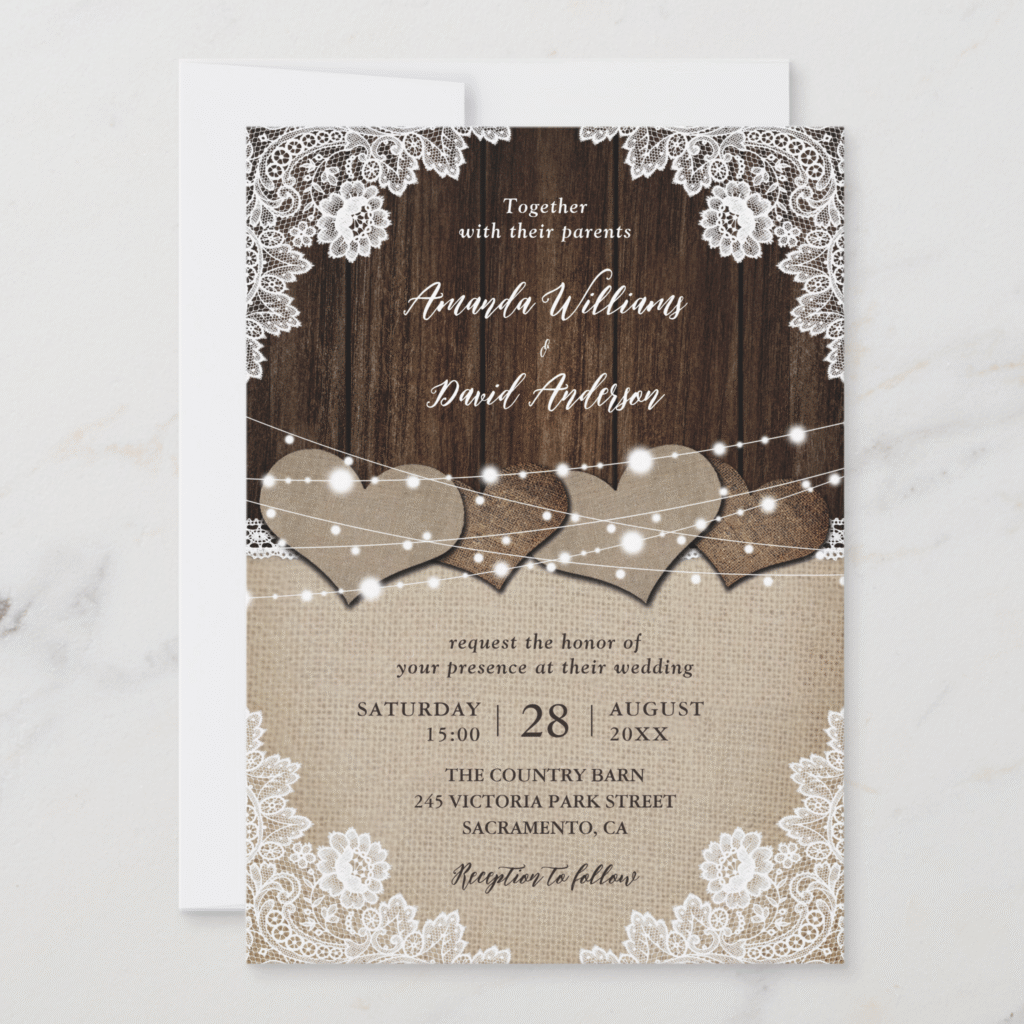 Rustic Wood Burlap and Lace Wedding Invitation (Front)