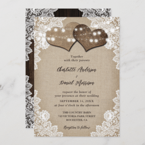 Rustic Wood Burlap and Lace Wedding Invitation (Front_Back)