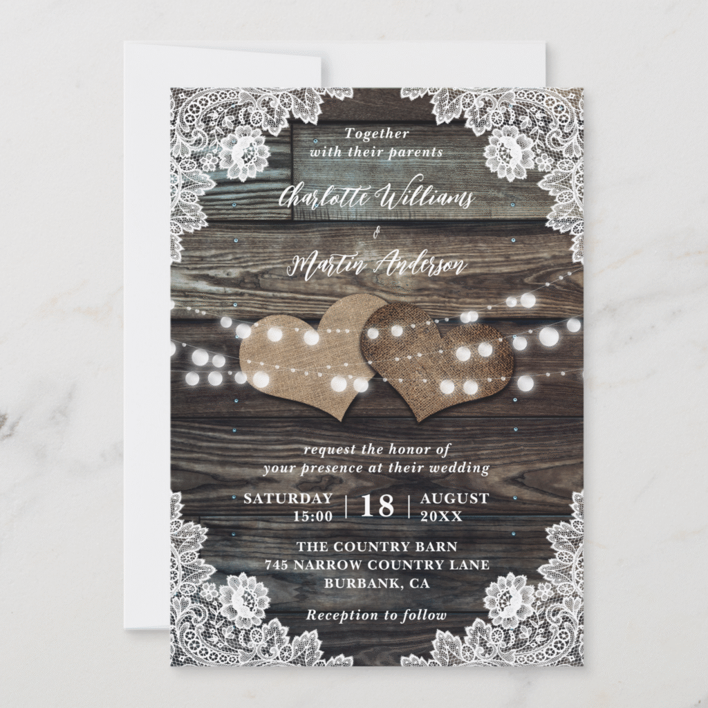 Rustic Wood Floral Lace Burlap Hearts Wedding Invitation (Front)