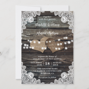 Rustic Wood Floral Lace Burlap Hearts Wedding Invitation (Front)