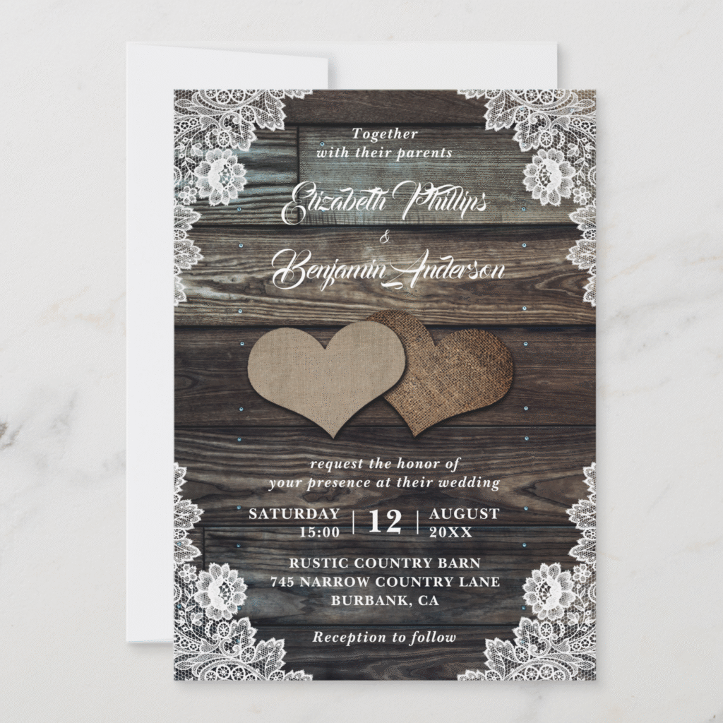 Rustic Wood Floral Lace Burlap Hearts Wedding Invitations (Front)
