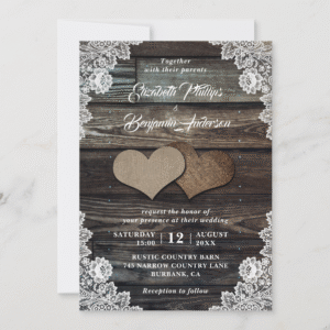 Rustic Wood Floral Lace Burlap Hearts Wedding Invitations (Front)