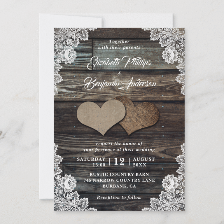 Rustic Wood Floral Lace Burlap Hearts Wedding Invitations (Front)
