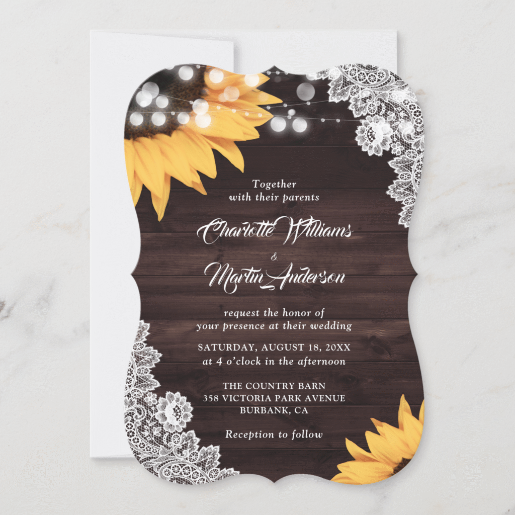Sunflower Rustic Wood Floral Lace String Lights Wedding Invitation (Front)