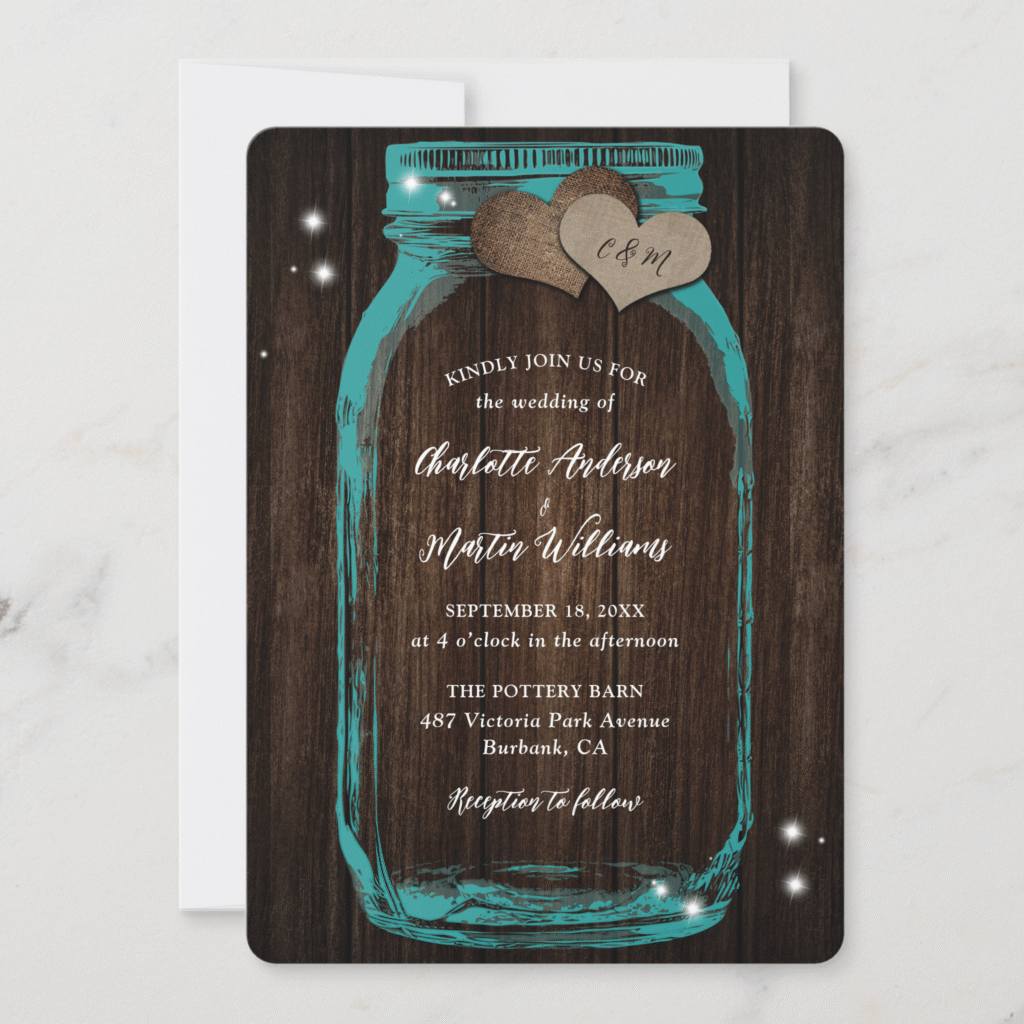 Teal Mason Jar Rustic Wood Burlap Hearts Wedding Invitation (Front)