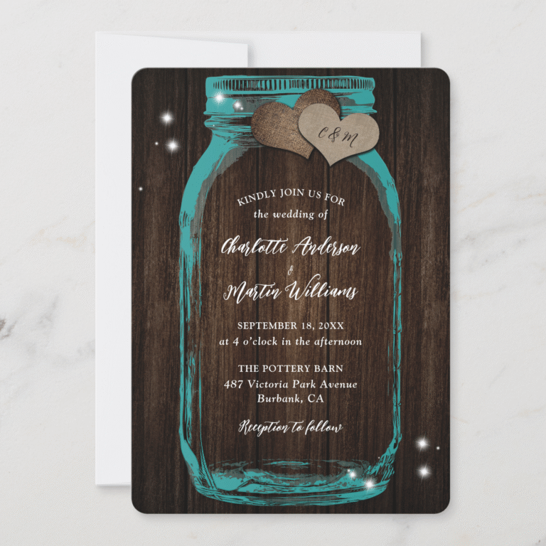 Teal Mason Jar Rustic Wood Burlap Hearts Wedding Invitation (Front)