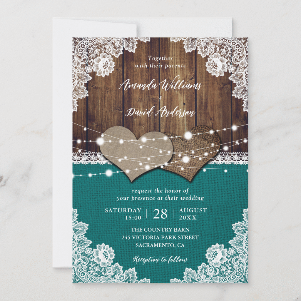Teal Rustic Burlap Floral Lace Barn Wood Wedding Invitation (Front)